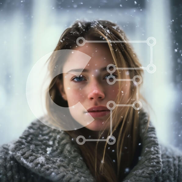 Intra Συλλεκτικό Ξύλινο Παζλ Plywood  4mm - Νεαρή γυναίκα με γκρι πουλόβερ και τζιν που στέκεται στο χιόνι με δραματική ατμόσφαιρα Σε Ξύλινο Κουτί - Διαστάσεις Puzzle: 10x10 cm – 25 κομμάτια