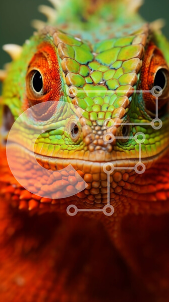 Σετ των 2 Intra Συλλεκτικό Ξύλινο Παζλ Plywood  4mm - Κοντινό πλάνο μιας πορτοκαλί και πράσινης σαύρας που κοιτάζει επίμονα τον θεατή Σε Ξύλινο Κουτί - Διαστάσεις: 10x10 cm – 25 κομμάτια