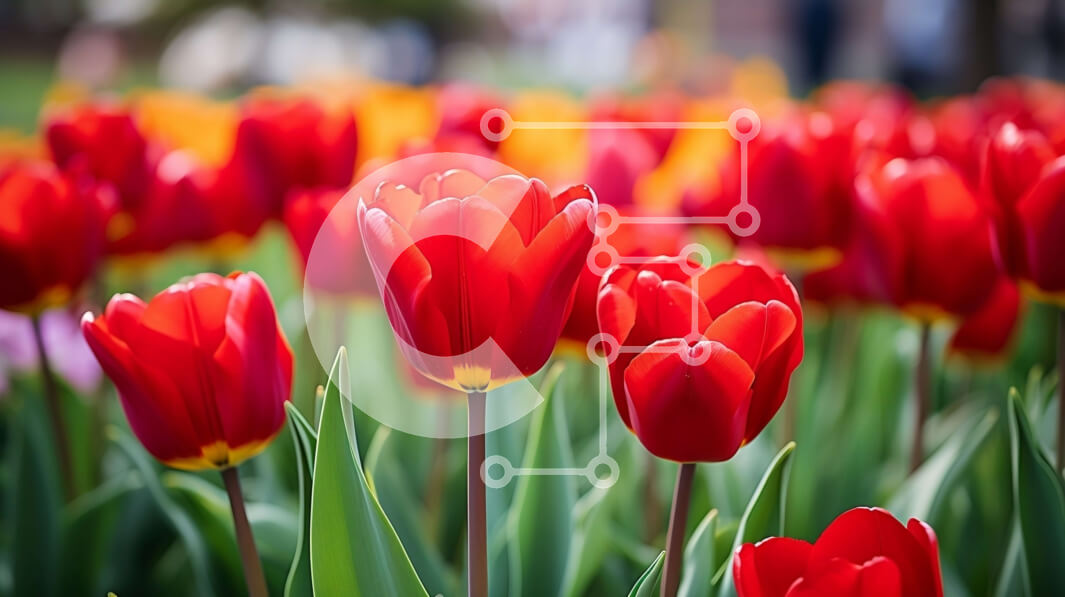 Intra Συλλεκτικό Ξύλινο Παζλ Plywood  4mm - Πεδίο με κόκκινες τουλίπες με πράσινα φύλλα και μπλε ουρανό Σε Ξύλινο Κουτί - Διαστάσεις: 10x10 cm – 25 κομμάτια