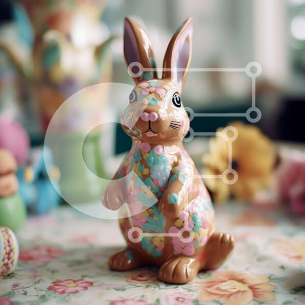 Intra Συλλεκτικό Ξύλινο Παζλ Plywood  4mm - Αξιολάτρευτο κεραμικό καφέ κουνέλι που κρατά ένα καρότο δίπλα σε λουλούδια Σε Ξύλινο Κουτί - Διαστάσεις: 10x10 cm – 25 κομμάτια