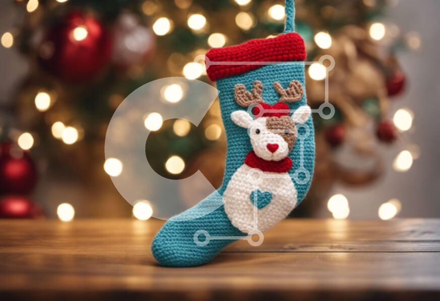 Intra Συλλεκτικό Ξύλινο Παζλ Plywood  4mm - Κροσέ κάλτσες ταράνδων σε ξύλινο τραπέζι με χριστουγεννιάτικο δέντρο Σε Ξύλινο Κουτί - Διαστάσεις: 10x10 cm – 25 κομμάτια