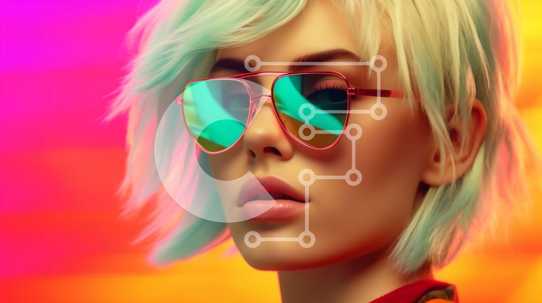 Intra Συλλεκτικό Ξύλινο Παζλ Plywood  4mm - Πολύχρωμα γυαλιά ηλίου σε μια ξανθιά γυναίκα με μπλε μάτια Σε Ξύλινο Κουτί - Διαστάσεις Puzzle: 10x10 cm – 25 κομμάτια