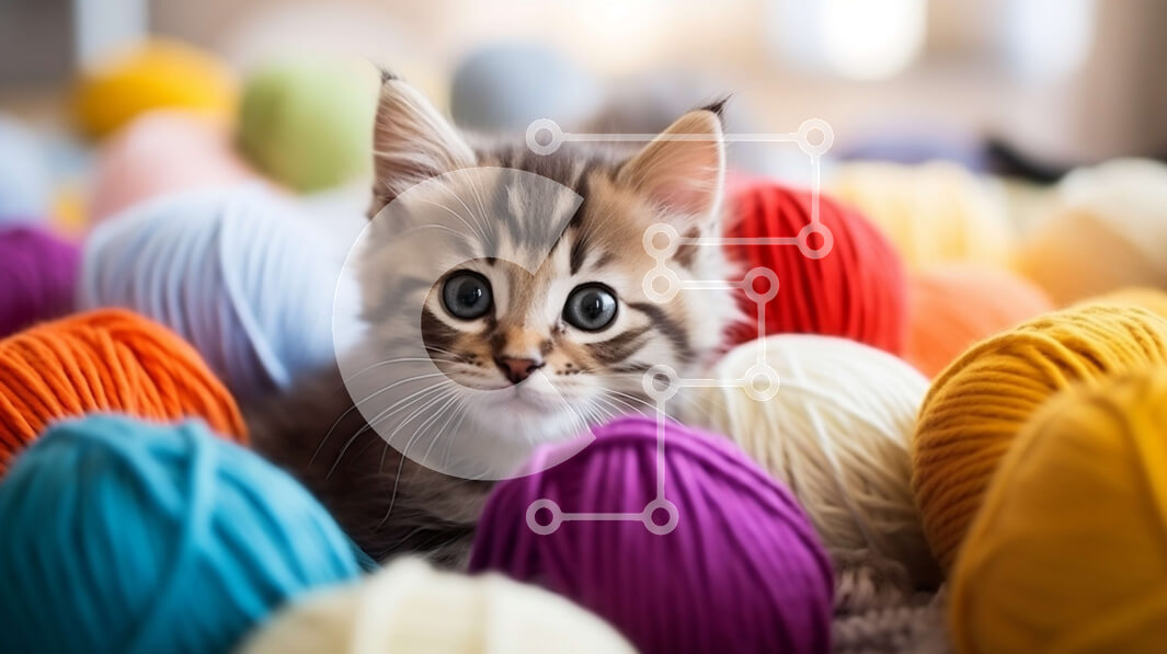 Σετ των 2 Intra Συλλεκτικό Ξύλινο Παζλ Plywood  4mm - Περίεργο γατάκι που παίζει με πολύχρωμες μπάλες νήματος Σε Ξύλινο Κουτί - Διαστάσεις: 10x10 cm – 25 κομμάτια