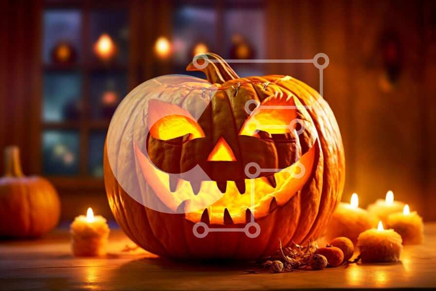 Intra Συλλεκτικό Ξύλινο Παζλ Plywood  4mm - Απόκοσμη διακόσμηση αποκριών: Jack-O'-Lantern Pumpkin in a Window Σε Ξύλινο Κουτί - Διαστάσεις: 10x10 cm – 25 κομμάτια