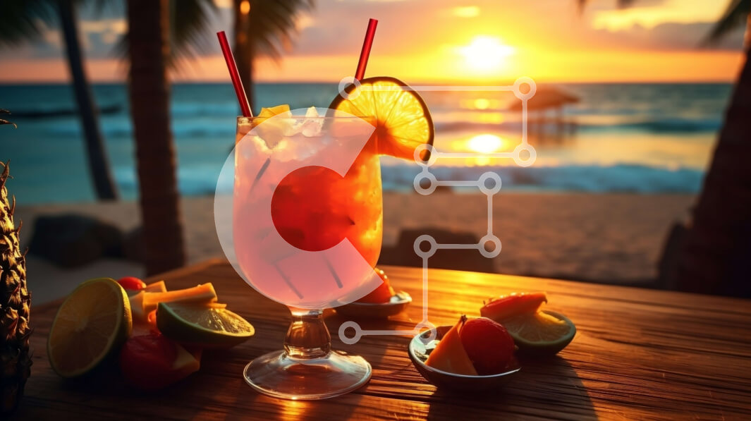 Intra Συλλεκτικό Ξύλινο Παζλ Plywood  4mm - Τροπικό ποτό σε ξύλινο τραπέζι με παραλία και φοίνικες Σε Ξύλινο Κουτί - Διαστάσεις: 10x10 cm – 25 κομμάτια