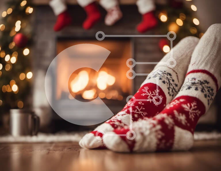 Intra Συλλεκτικό Ξύλινο Παζλ Plywood  4mm - Κόκκινες και λευκές κάλτσες με κάλτσες δίπλα στο τζάκι Σε Ξύλινο Κουτί - Διαστάσεις: 10x10 cm – 25 κομμάτια