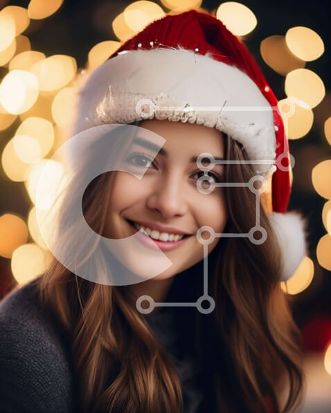 Intra Συλλεκτικό Ξύλινο Παζλ Plywood  4mm - Χαμογελαστή γυναίκα που φορά το καπέλο του Άγιου Βασίλη με το φωτισμένο χριστουγεννιάτικο δέντρο Σε Ξύλινο Κουτί - Διαστάσεις: 10x10 cm – 25 κομμάτια