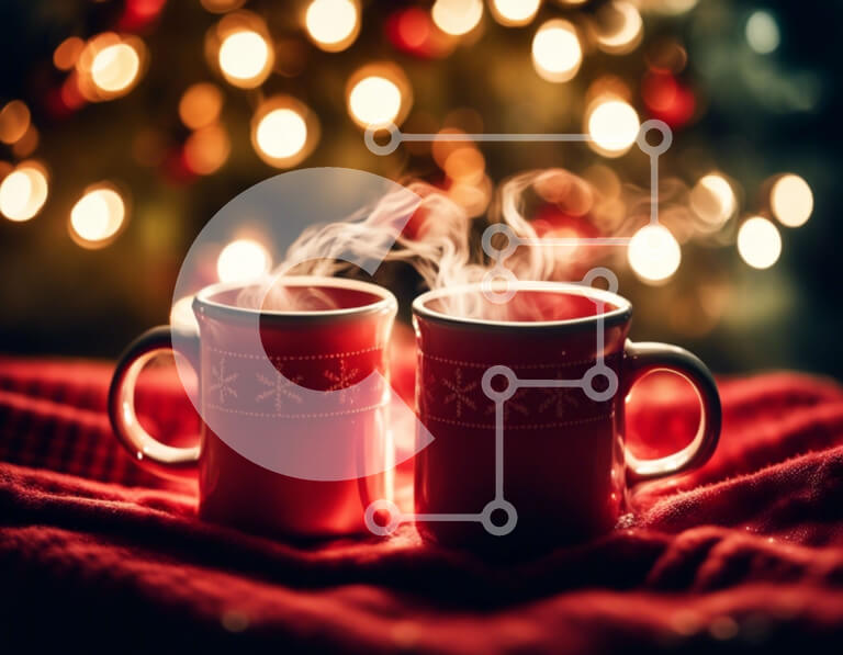 Intra Συλλεκτικό Ξύλινο Παζλ Plywood  4mm - Εορταστικές κούπες καφέ σε μια κόκκινη κουβέρτα με το χριστουγεννιάτικο δέντρο στο φόντο Σε Ξύλινο Κουτί - Διαστάσεις: 10x10 cm – 25 κομμάτια