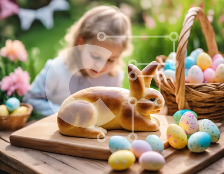 Intra Συλλεκτικό Ξύλινο Παζλ Plywood  4mm - Νεαρό κορίτσι με το άγαλμα λαγουδάκι του Πάσχα και πολύχρωμα αυγά Σε Ξύλινο Κουτί - Διαστάσεις: 10x10 cm – 25 κομμάτια