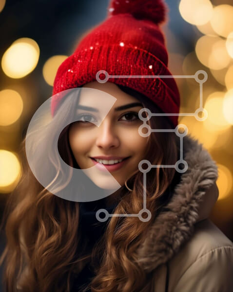 Intra Συλλεκτικό Ξύλινο Παζλ Plywood  4mm - Κομψή γυναίκα με κόκκινη κουκούλα και γούνινο παλτό που ποζάρει μπροστά στα πολύχρωμα φώτα Σε Ξύλινο Κουτί - Διαστάσεις Puzzle: 10x10 cm – 25 κομμάτια