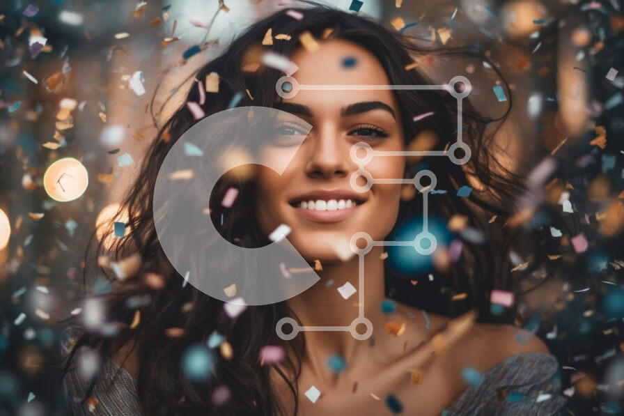 Intra Συλλεκτικό Ξύλινο Παζλ Plywood  4mm - Νεαρή γυναίκα που χαμογελά με κομφετί να πέφτουν γύρω της Σε Ξύλινο Κουτί - Διαστάσεις Puzzle: 10x10 cm – 25 κομμάτια