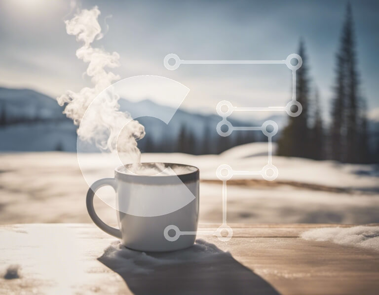 Intra Συλλεκτικό Ξύλινο Παζλ Plywood  4mm - Serenity of Winter: Λευκή κούπα καφέ σε χιονισμένο τραπέζι εξωτερικού χώρου Σε Ξύλινο Κουτί - Διαστάσεις Puzzle: 10x10 cm – 25 κομμάτια