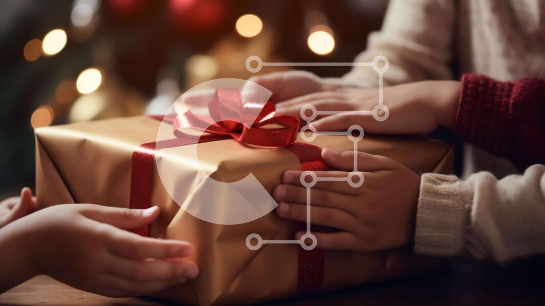 Intra Συλλεκτικό Ξύλινο Παζλ Plywood  4mm - Δύο χέρια που κρατούν ένα καφέ κουτί δώρου με κόκκινη κορδέλα Σε Ξύλινο Κουτί - Διαστάσεις Puzzle: 10x10 cm – 25 κομμάτια