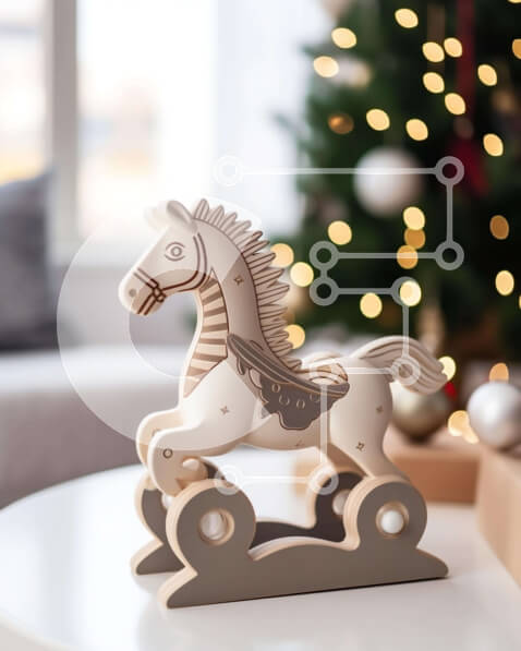 Intra Συλλεκτικό Ξύλινο Παζλ Plywood  4mm - Μικρό ξύλινο άλογο παιχνίδι στο τραπέζι μπροστά από το χριστουγεννιάτικο δέντρο Σε Ξύλινο Κουτί - Διαστάσεις: 10x10 cm – 25 κομμάτια