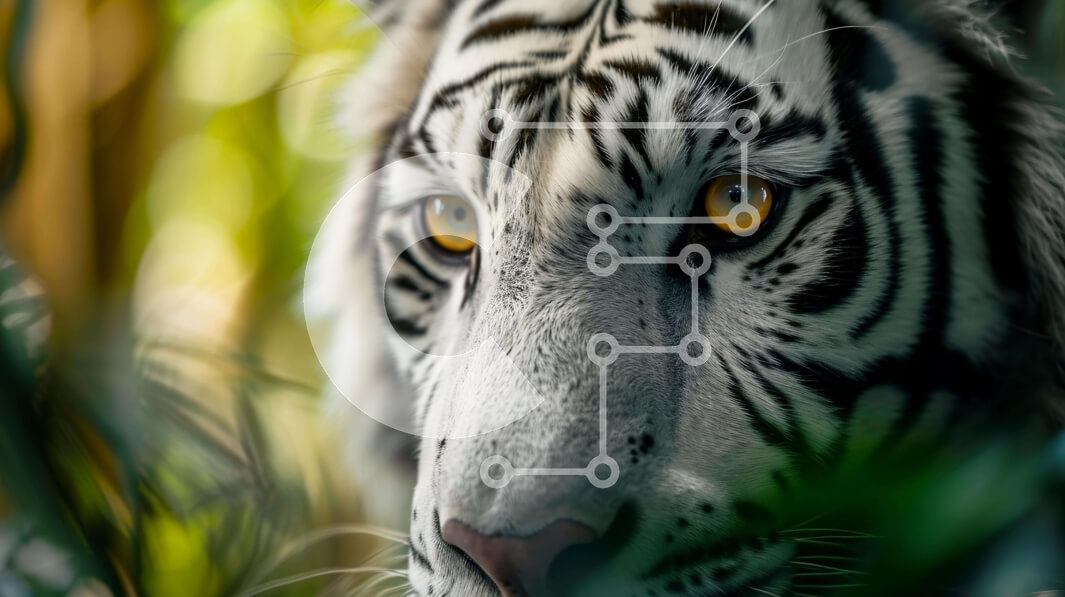 Intra Συλλεκτικό Ξύλινο Παζλ Plywood  4mm - Λευκή τίγρη στο δάσος με πράσινα φυτά και δέντρα Σε Ξύλινο Κουτί - Διαστάσεις: 10x10 cm – 25 κομμάτια