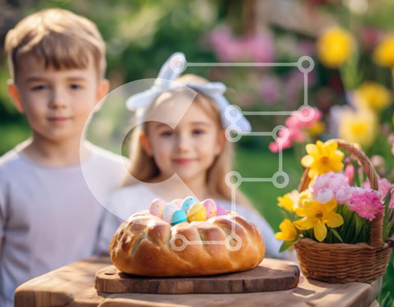 Intra Συλλεκτικό Ξύλινο Παζλ Plywood  4mm - Παιδιά που γιορτάζουν το Πάσχα με το κέικ και τα λουλούδια Bundt Σε Ξύλινο Κουτί - Διαστάσεις: 10x10 cm – 25 κομμάτια