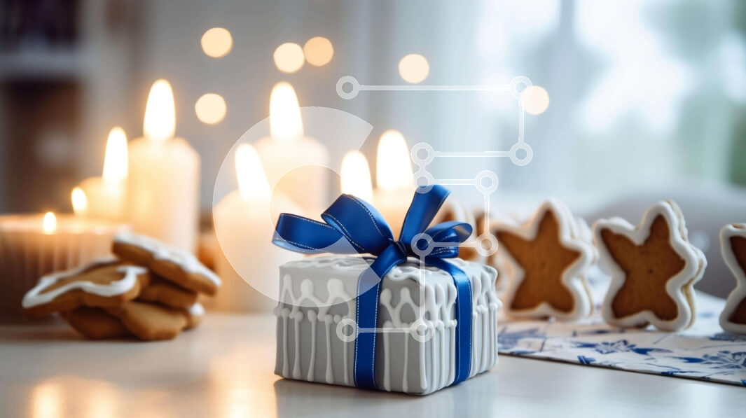 Intra Συλλεκτικό Ξύλινο Παζλ Plywood  4mm - Μπλε κουτί δώρου με μπισκότα μελόψωμο και κεριά Σε Ξύλινο Κουτί - Διαστάσεις: 10x10 cm – 25 κομμάτια