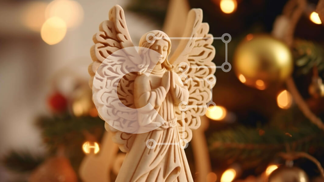 Intra Συλλεκτικό Ξύλινο Παζλ Plywood  4mm - Ξύλινο ειδώλιο αγγέλου μπροστά από το διακοσμημένο χριστουγεννιάτικο δέντρο Σε Ξύλινο Κουτί - Διαστάσεις: 10x10 cm – 25 κομμάτια