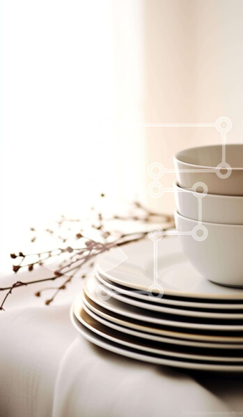 Intra Συλλεκτικό Ξύλινο Παζλ Plywood  4mm - Στοίβα από λευκά πιάτα, μπολ και φλιτζάνια σε ρουστίκ τραπέζι με μικρά φυτά Σε Ξύλινο Κουτί - Διαστάσεις Puzzle: 10x10 cm – 25 κομμάτια