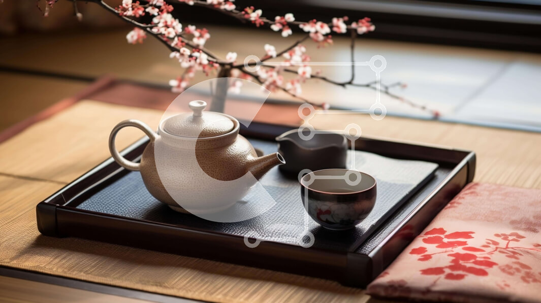 Intra Συλλεκτικό Ξύλινο Παζλ Plywood  4mm - Σετ τσαγιού με ροζ ανθόδεντρο σε εξωτερικό περιβάλλον Σε Ξύλινο Κουτί - Διαστάσεις Puzzle: 10x10 cm – 25 κομμάτια