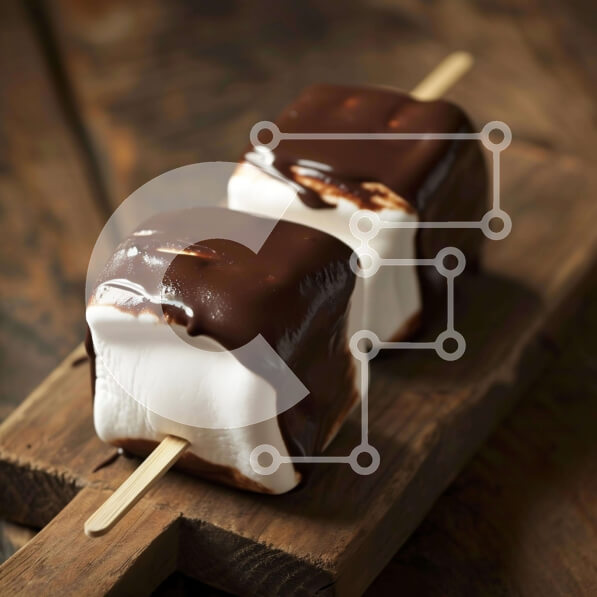 Σετ των 2 Intra Συλλεκτικό Ξύλινο Παζλ Plywood  4mm - Marshmallows καλυμμένα με σοκολάτα σε μια ξύλινη σανίδα κοπής Σε Ξύλινο Κουτί - Διαστάσεις: 10x10 cm – 25 κομμάτια