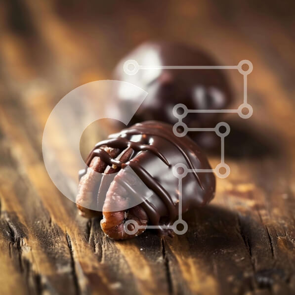 Σετ των 2 Intra Συλλεκτικό Ξύλινο Παζλ Plywood  4mm - Πεκάν καλυμμένα με σοκολάτα σε ξύλινο τραπέζι Σε Ξύλινο Κουτί - Διαστάσεις: 10x10 cm – 25 κομμάτια