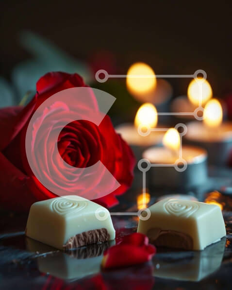 Intra Συλλεκτικό Ξύλινο Παζλ Plywood  4mm - Ρομαντικό σκηνικό για την ημέρα του Αγίου Βαλεντίνου με ζαχαρωτά λευκής σοκολάτας, κόκκινο τριαντάφυλλο και κεριά Σε Ξύλινο Κουτί - Διαστάσεις: 10x10 cm – 25 κομμάτια