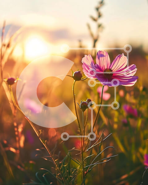 Σετ των 2 Intra Συλλεκτικό Ξύλινο Παζλ Plywood  4mm - Πεδίο με ροζ λουλούδια στο ηλιοβασίλεμα Σε Ξύλινο Κουτί - Διαστάσεις: 10x10 cm – 25 κομμάτια