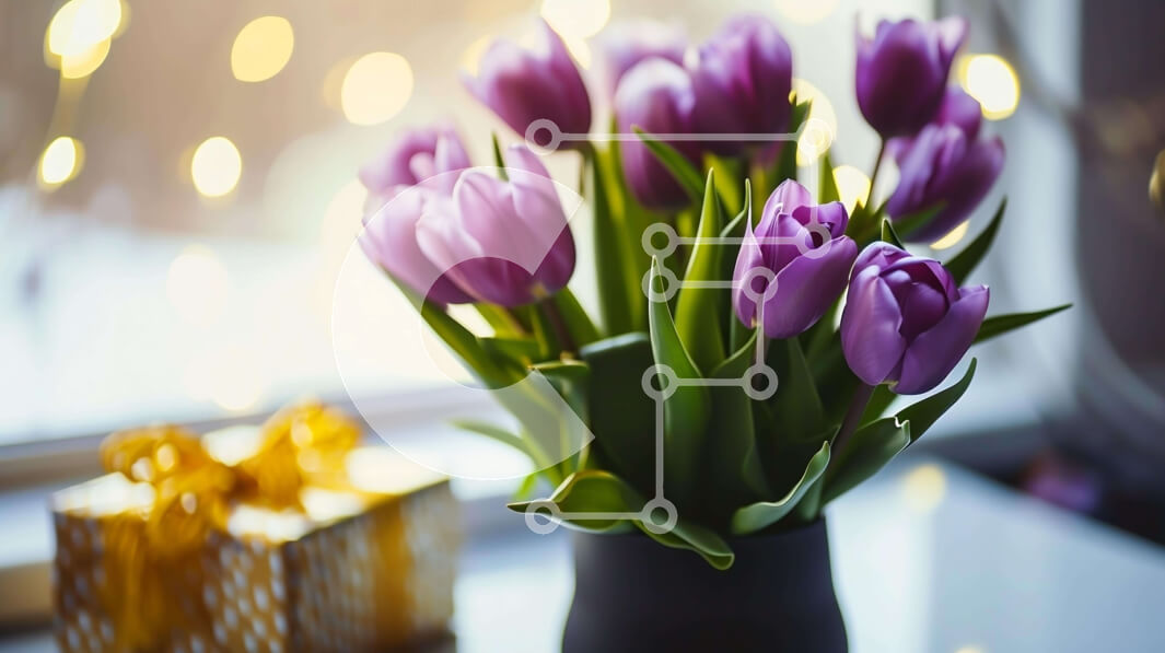 Intra Συλλεκτικό Ξύλινο Παζλ Plywood  4mm - Κομψές μωβ τουλίπες σε μαύρο βάζο με χρυσό κουτί δώρου Σε Ξύλινο Κουτί - Διαστάσεις: 10x10 cm – 25 κομμάτια