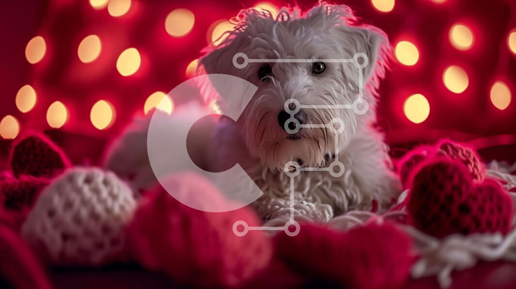 Σετ των 2 Intra Συλλεκτικό Ξύλινο Παζλ Plywood  4mm - Λευκός σκύλος που περιβάλλεται από μαξιλάρια σε σχήμα καρδιάς και πλεκτές μπάλες Σε Ξύλινο Κουτί - Διαστάσεις: 10x10 cm – 25 κομμάτια