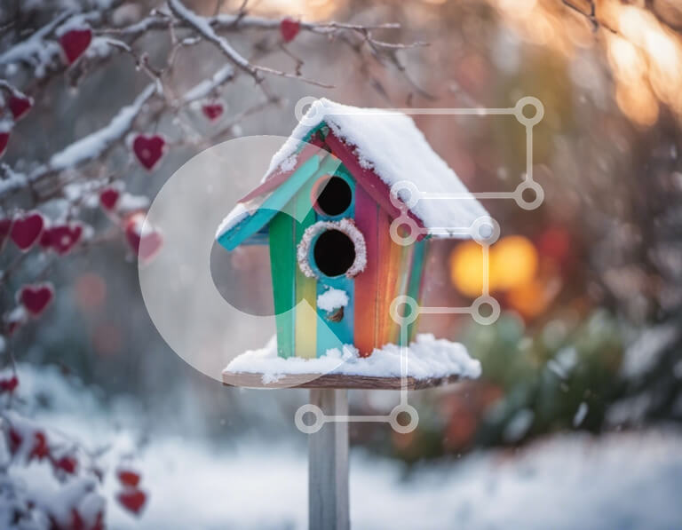 Intra Συλλεκτικό Ξύλινο Παζλ Plywood  4mm - Πολύχρωμο Birdhouse σε ένα χιονισμένο τοπίο Σε Ξύλινο Κουτί - Διαστάσεις: 10x10 cm – 25 κομμάτια