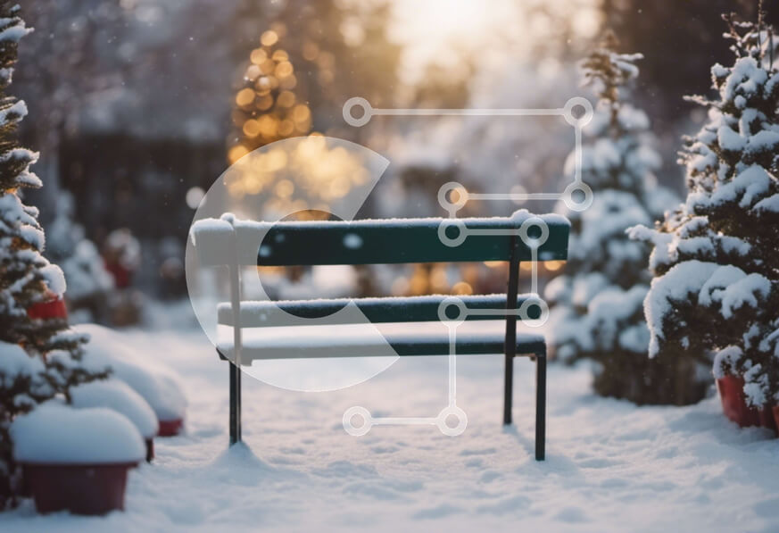 Intra Συλλεκτικό Ξύλινο Παζλ Plywood  4mm - Πράσινος πάγκος στο χιόνι με δέντρα και φυτά σε γλάστρες Σε Ξύλινο Κουτί - Διαστάσεις Puzzle: 10x10 cm – 25 κομμάτια