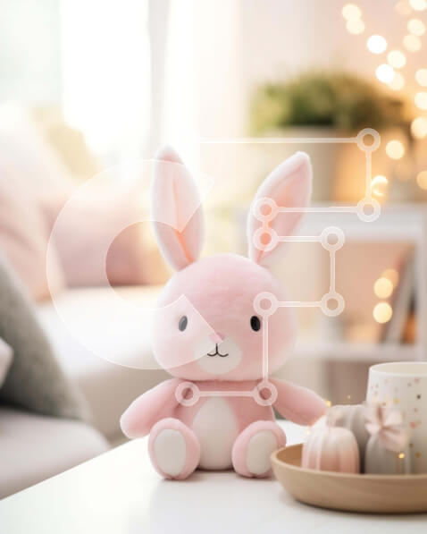 Intra Συλλεκτικό Ξύλινο Παζλ Plywood  4mm - Ροζ λαγουδάκι γεμιστό ζώο σε λευκό τραπέζι στο σαλόνι Σε Ξύλινο Κουτί - Διαστάσεις Puzzle: 10x10 cm – 25 κομμάτια