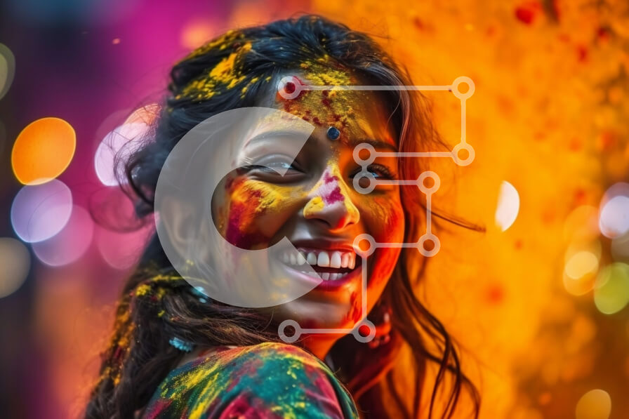 Intra Συλλεκτικό Ξύλινο Παζλ Plywood  4mm - Ευτυχισμένη γυναίκα καλυμμένη με πολύχρωμη πούδρα που χαμογελά για την κάμερα Σε Ξύλινο Κουτί - Διαστάσεις Puzzle: 10x10 cm – 25 κομμάτια