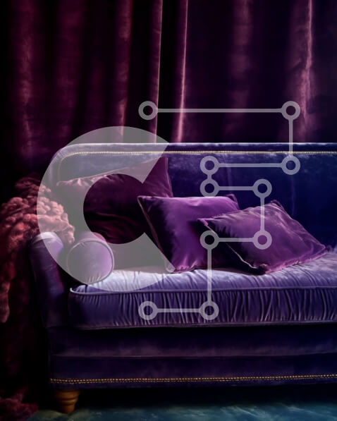 Intra Συλλεκτικό Ξύλινο Παζλ Plywood  4mm - Άνετος βελούδινος καναπές σε μωβ ενάντια σε σκούρο μωβ κουρτίνα Σε Ξύλινο Κουτί - Διαστάσεις Puzzle: 10x10 cm – 25 κομμάτια