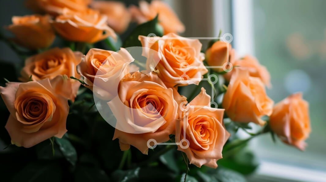 Intra Συλλεκτικό Ξύλινο Παζλ Plywood  4mm - Μπουκέτο με φρέσκα πορτοκαλί τριαντάφυλλα μπροστά από το ανοιχτό παράθυρο Σε Ξύλινο Κουτί - Διαστάσεις: 10x10 cm – 25 κομμάτια