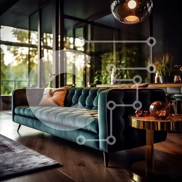 Intra Συλλεκτικό Ξύλινο Παζλ Plywood  4mm - Κομψό σαλόνι με μπλε βελούδινο καναπέ και μαρμάρινο δάπεδο Σε Ξύλινο Κουτί - Διαστάσεις Puzzle: 10x10 cm – 25 κομμάτια