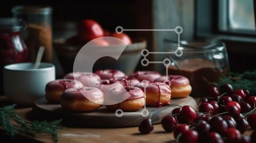 Σετ των 2 Intra Συλλεκτικό Ξύλινο Παζλ Plywood  4mm - Νόστιμα ντόνατς και φρούτα κερασιών σε ένα ρουστίκ ξύλινο τραπέζι Σε Ξύλινο Κουτί - Διαστάσεις: 10x10 cm – 25 κομμάτια