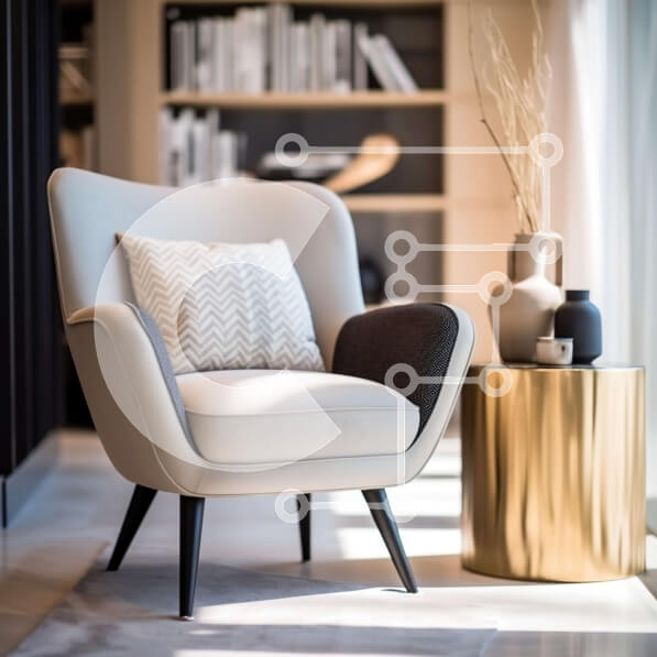 Intra Συλλεκτικό Ξύλινο Παζλ Plywood  4mm - Σύγχρονο και μινιμαλιστικό σαλόνι με λευκή δερμάτινη πολυθρόνα και χρυσό βοηθητικό τραπέζι Σε Ξύλινο Κουτί - Διαστάσεις Puzzle: 10x10 cm – 25 κομμάτια