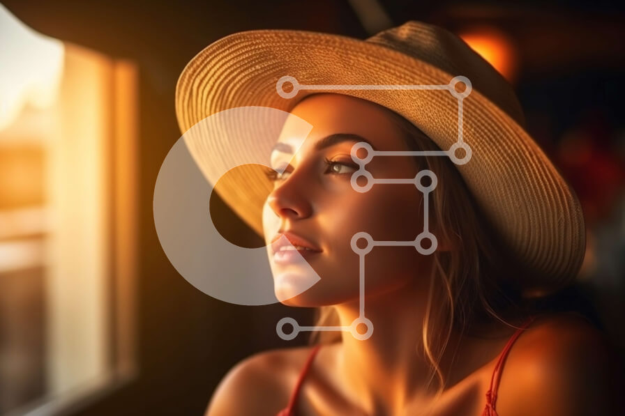 Intra Συλλεκτικό Ξύλινο Παζλ Plywood  4mm - Όμορφη θέα στο ηλιοβασίλεμα έξω από ένα παράθυρο με μια γυναίκα με ψάθινο καπέλο Σε Ξύλινο Κουτί - Διαστάσεις Puzzle: 10x10 cm – 25 κομμάτια