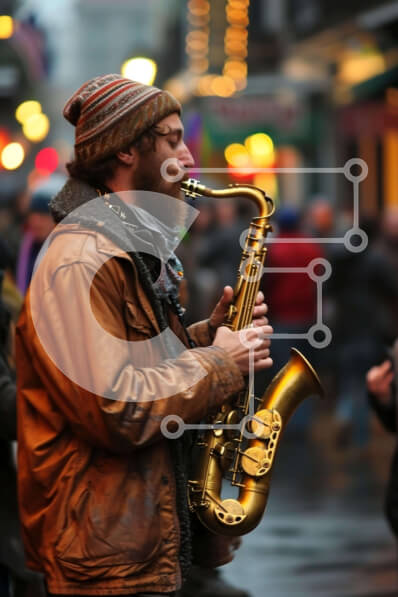 Intra Συλλεκτικό Ξύλινο Παζλ Plywood  4mm - Άνδρας που παίζει σαξόφωνο σε αστικό περιβάλλον Σε Ξύλινο Κουτί - Διαστάσεις Puzzle: 10x10 cm – 25 κομμάτια