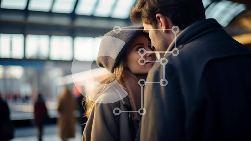 Intra Συλλεκτικό Ξύλινο Παζλ Plywood  4mm - Ευτυχισμένο ζευγάρι που περπατά μέσα από το σιδηροδρομικό σταθμό Σε Ξύλινο Κουτί - Διαστάσεις Puzzle: 10x10 cm – 25 κομμάτια