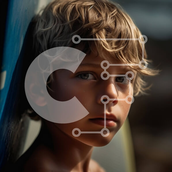 Intra Συλλεκτικό Ξύλινο Παζλ Plywood  4mm - Νεαρό αγόρι με ξανθά μαλλιά και μπλε μάτια που γέρνει σε μια σανίδα του σερφ Σε Ξύλινο Κουτί - Διαστάσεις Puzzle: 10x10 cm – 25 κομμάτια