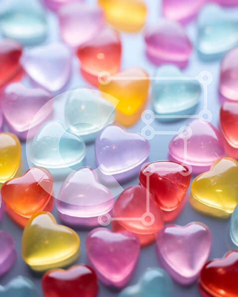 Intra Συλλεκτικό Ξύλινο Παζλ Plywood  4mm - Συστάδα από πολύχρωμες καραμέλες σε σχήμα καρδιάς Σε Ξύλινο Κουτί - Διαστάσεις Puzzle: 10x10 cm – 25 κομμάτια