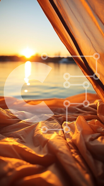 Intra Συλλεκτικό Ξύλινο Παζλ Plywood  4mm - Σκηνή με πορτοκαλί μουσαμά δίπλα στο νερό στο ηλιοβασίλεμα Σε Ξύλινο Κουτί - Διαστάσεις Puzzle: 10x10 cm – 25 κομμάτια