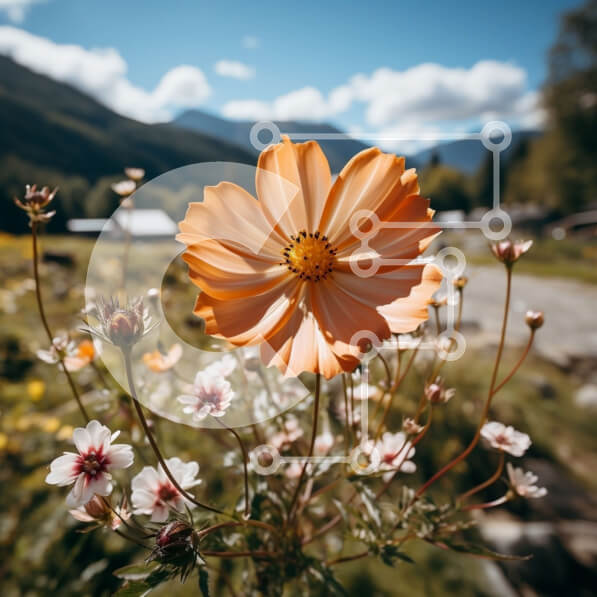 Intra Συλλεκτικό Ξύλινο Παζλ Plywood  4mm - Όμορφο πορτοκαλί λουλούδι σε ένα χωράφι με λευκά και ροζ λουλούδια Σε Ξύλινο Κουτί - Διαστάσεις: 10x10 cm – 25 κομμάτια