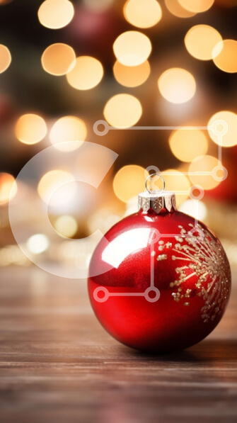 Intra Συλλεκτικό Ξύλινο Παζλ Plywood  4mm - Κόκκινη χριστουγεννιάτικη μπάλα σε ξύλινο τραπέζι με φόντο το φωτισμένο χριστουγεννιάτικο δέντρο Σε Ξύλινο Κουτί - Διαστάσεις: 10x10 cm – 25 κομμάτια