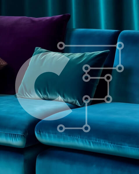 Intra Συλλεκτικό Ξύλινο Παζλ Plywood  4mm - Κομψός μπλε βελούδινος καναπές με μαξιλάρια συντονισμού Σε Ξύλινο Κουτί - Διαστάσεις Puzzle: 10x10 cm – 25 κομμάτια