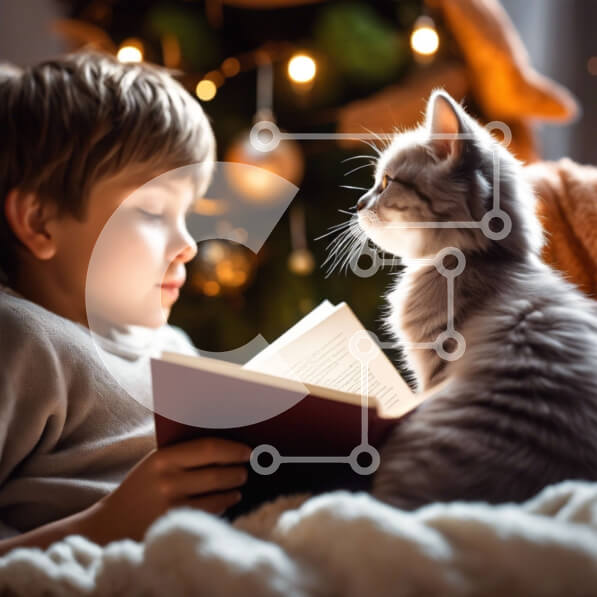 Intra Συλλεκτικό Ξύλινο Παζλ Plywood  4mm - Νεαρό αγόρι που διαβάζει με τη γάτα δίπλα στο χριστουγεννιάτικο δέντρο Σε Ξύλινο Κουτί - Διαστάσεις Puzzle: 10x10 cm – 25 κομμάτια