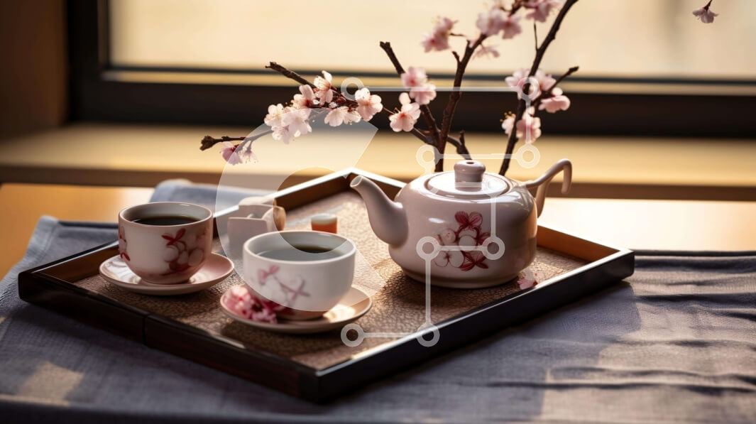 Σετ των 2 Intra Συλλεκτικό Ξύλινο Παζλ Plywood  4mm - Δίσκος με φλιτζάνια καφέ και τσαγιού και φόντο ροζ άνθη Σε Ξύλινο Κουτί - Διαστάσεις: 10x10 cm – 25 κομμάτια